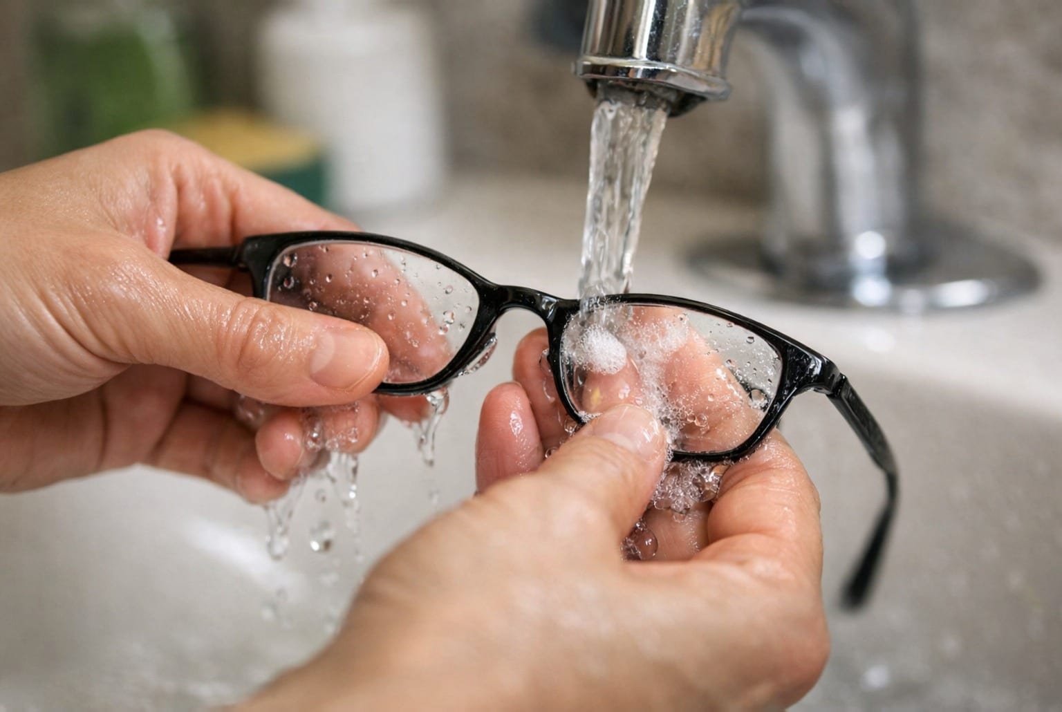 Main rinçant des lunettes sous un filet d’eau tiède avec une goutte de liquide vaisselle, gros plan net.