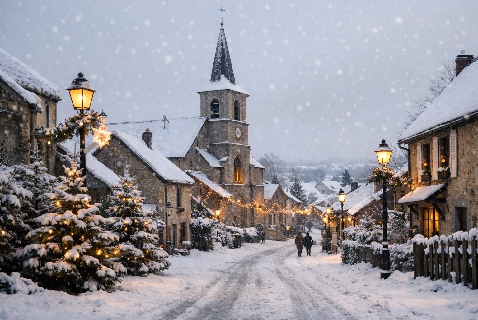 Rue d’un village français en plaine sous la neige légère, sapins et lampadaires près de Noël.