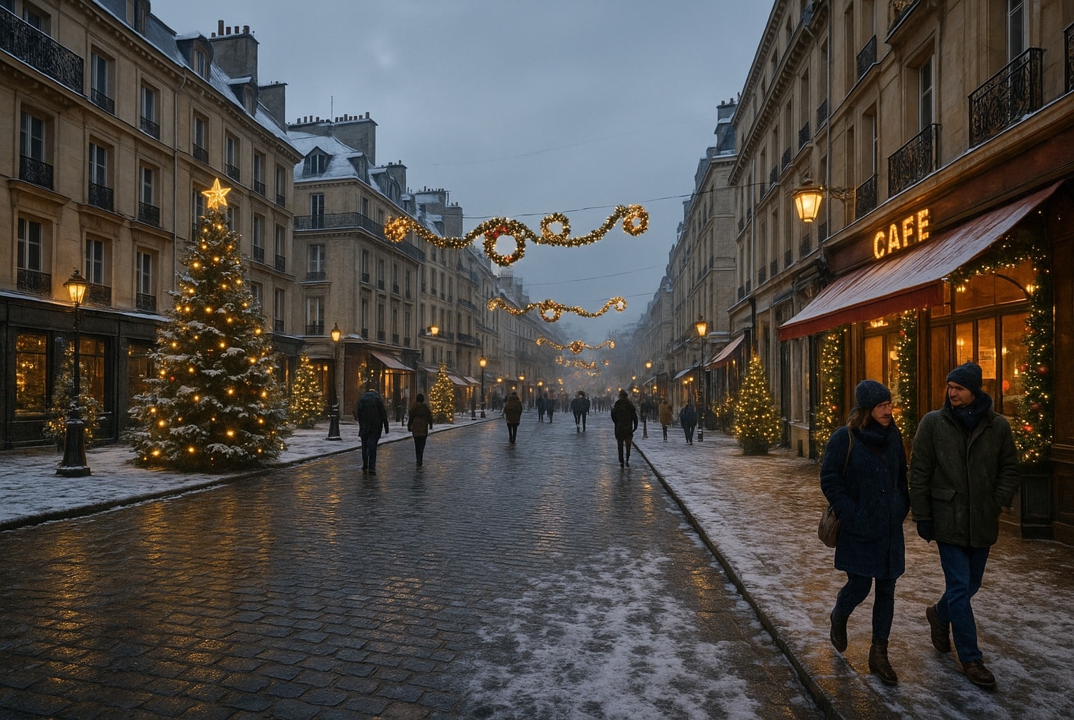 Rue pavée parisienne sous la neige, décorée de guirlandes et grands sapins illuminés, passants emmitouflés marchant devant un café chaleureux.