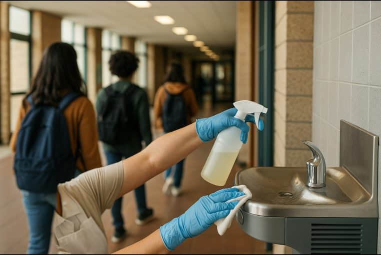 Personnel de cantine désinfectant une fontaine à eau dans un collège, scène d’enquête sanitaire hivernale.