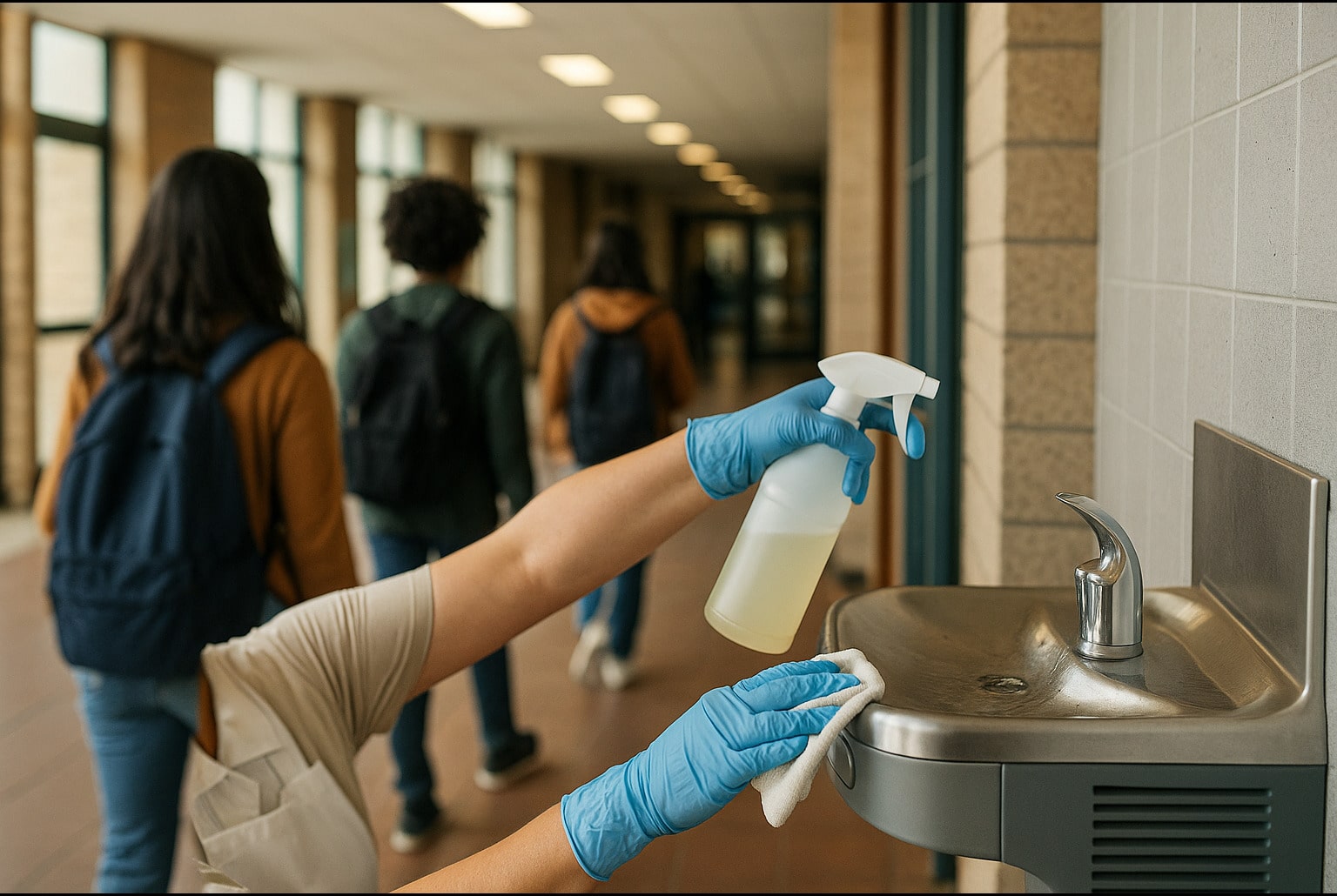 Personnel de cantine désinfectant une fontaine à eau dans un collège, scène d’enquête sanitaire hivernale.