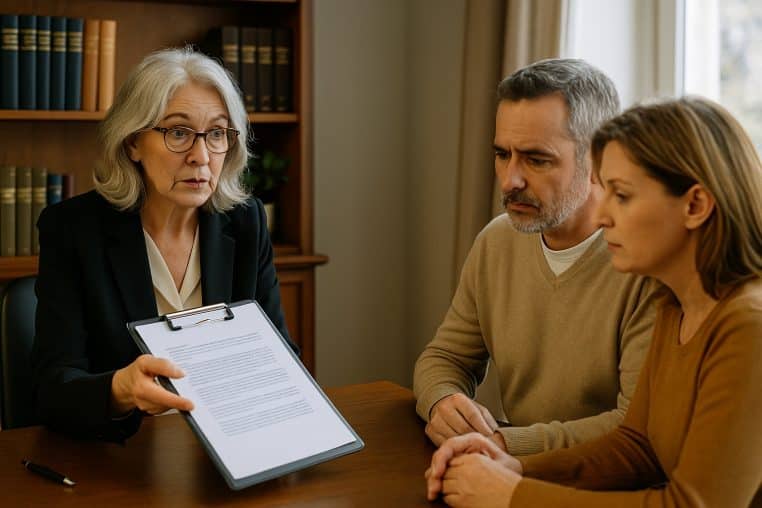 Une notaire aux cheveux gris présente un document de succession à un couple inquiet dans un bureau rempli de livres.