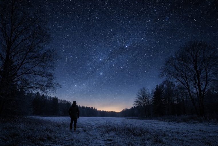 Ciel nocturne sans Lune au-dessus d’un paysage d’hiver, étoiles nettes et arbres en silhouette, 20 décembre 2025.