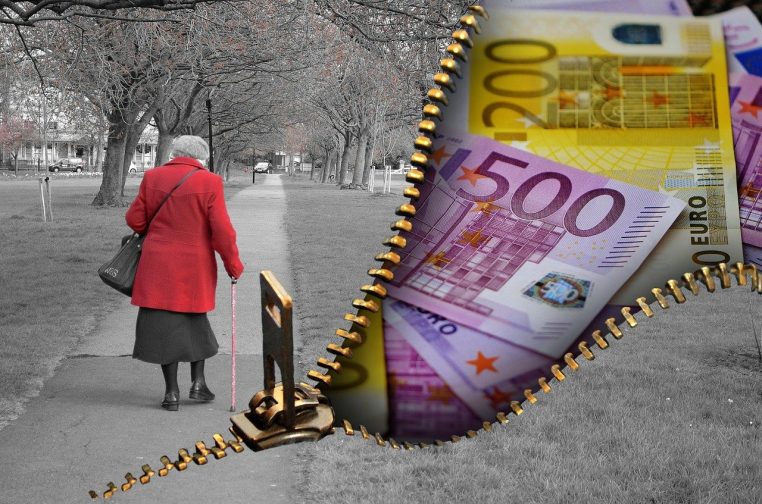 Illustration de personnes âgées entourées de symboles d’argent en euros, représentant la pension et la fiscalité.
