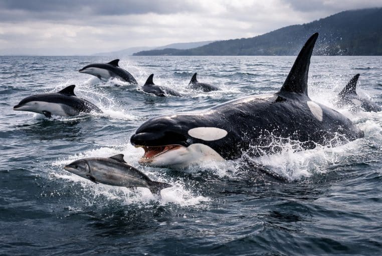 Orques résidentes et dauphins à flancs blancs encerclent un saumon Chinook en surface au large de Vancouver.