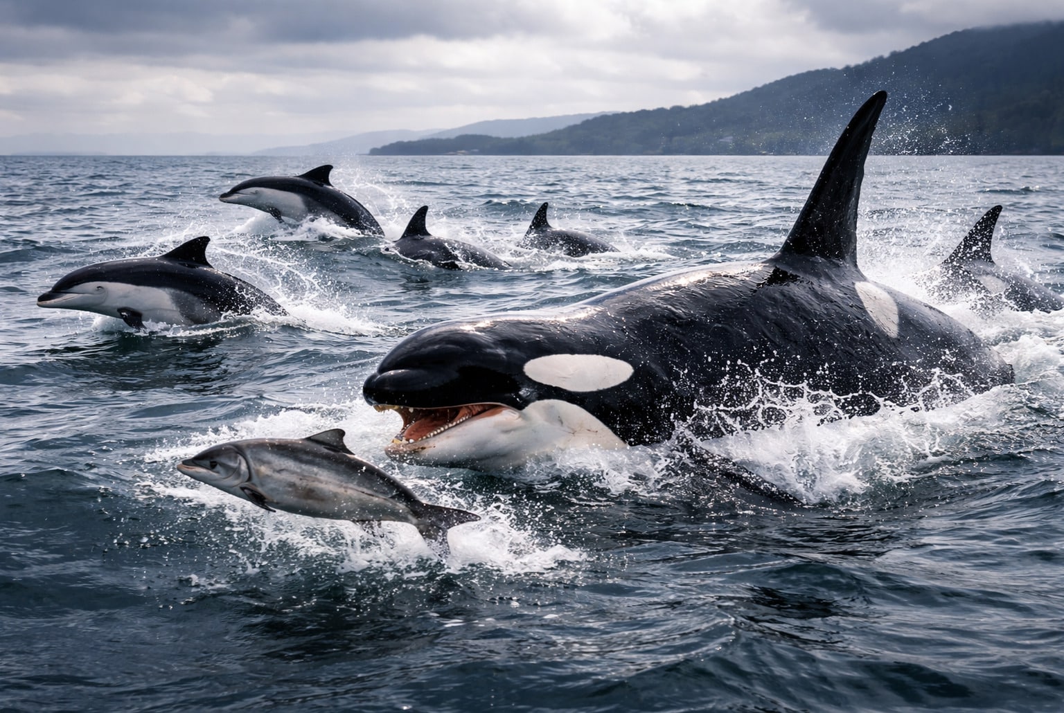 Orques résidentes et dauphins à flancs blancs encerclent un saumon Chinook en surface au large de Vancouver.