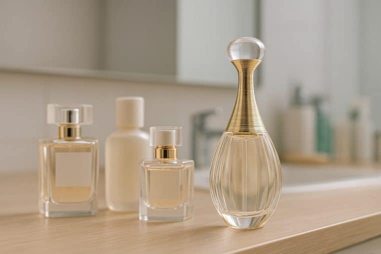 Quatre flacons de parfum élégants sur un meuble de salle de bain, dont un flacon doré en forme de goutte au premier plan.