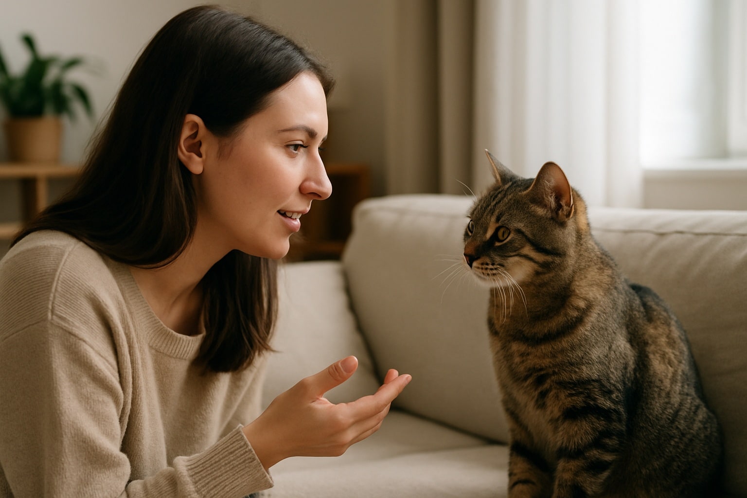 Jeune femme brune assise sur un canapé beige discutant avec son chat tigré, dans un salon chaleureux baigné de lumière.