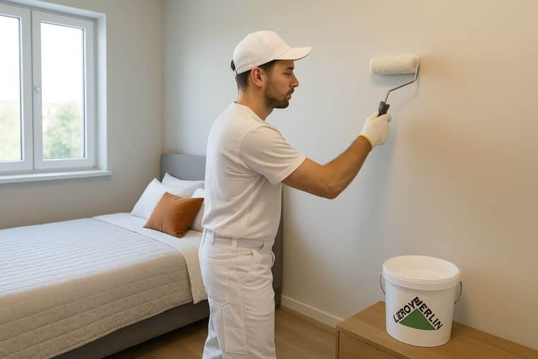 Peintre en tenue blanche appliquant une peinture isolante sur le mur d’une chambre, avec un seau Leroy Merlin posé discrètement sur la table de chevet.
