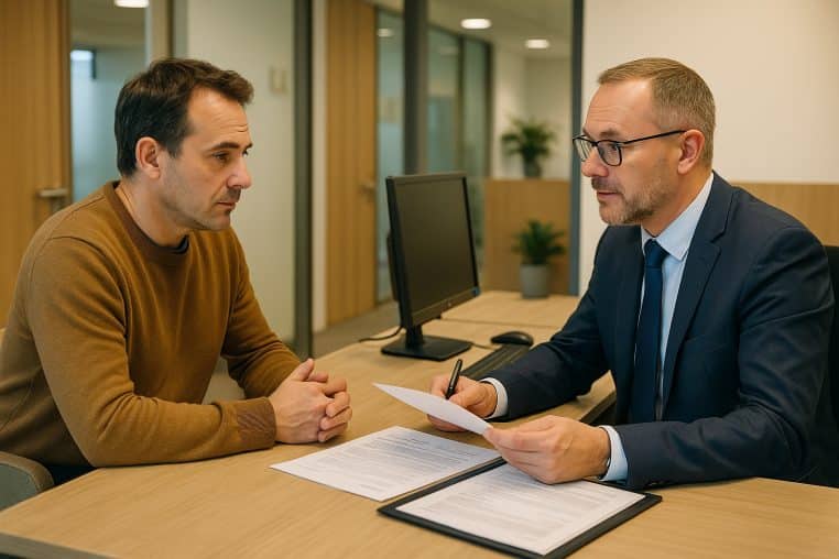 Client en rendez-vous avec son conseiller bancaire discutant de la clôture prochaine de son plan d’épargne logement et des options pour son épargne