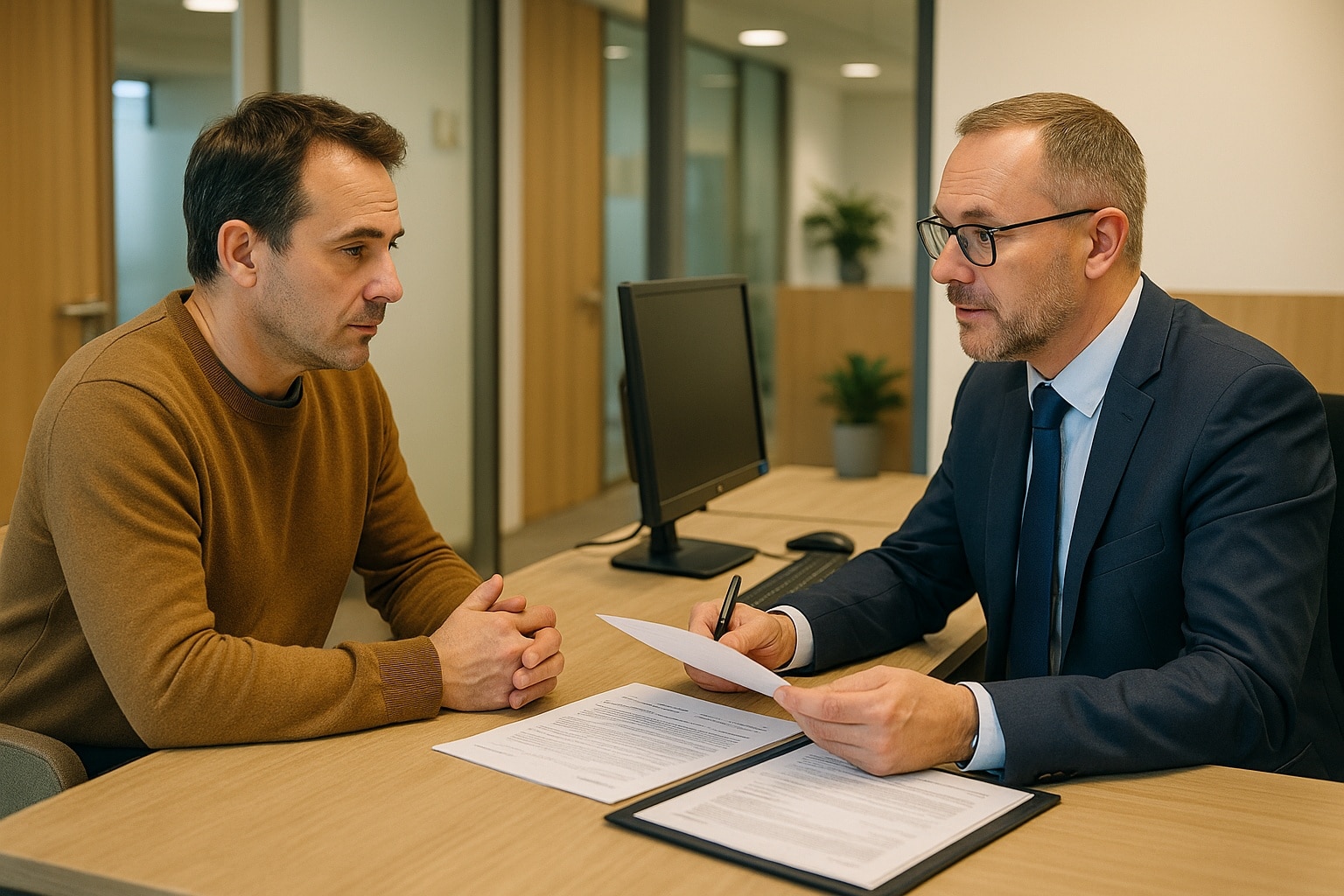 Client en rendez-vous avec son conseiller bancaire discutant de la clôture prochaine de son plan d’épargne logement et des options pour son épargne
