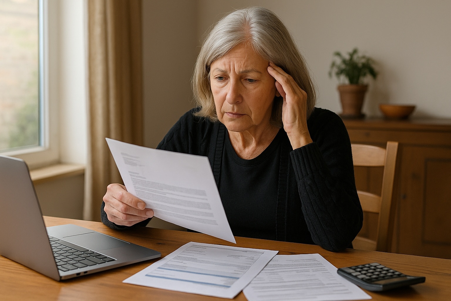 Femme senior aux cheveux gris assise à une table, examinant attentivement un courrier de retraite avec une mine préoccupée