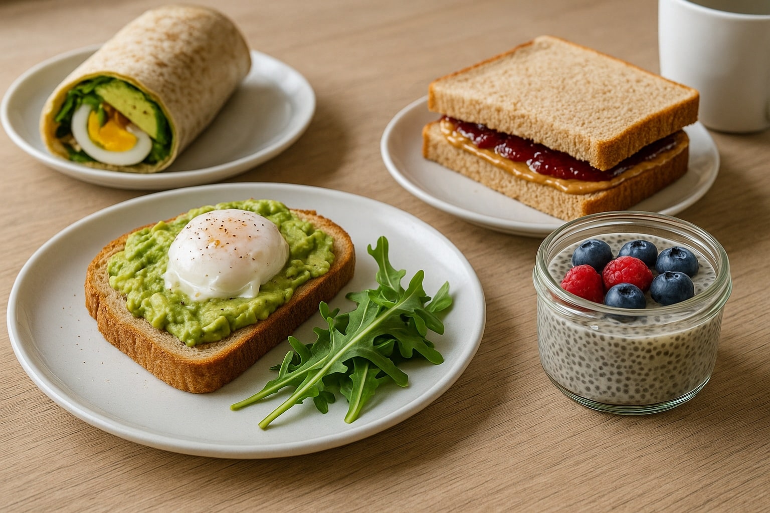 Petit-déjeuner sain avec tartine à l’avocat et œuf poché, wrap, sandwich cacahuète-confiture et pudding au chia sur table en bois.