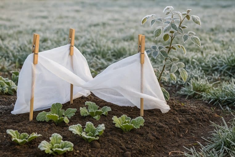Jeunes plants potagers protégés du gel par un voile d’hivernage maintenu avec des pinces à linge en bois, dans un jardin givré en plein hiver.
