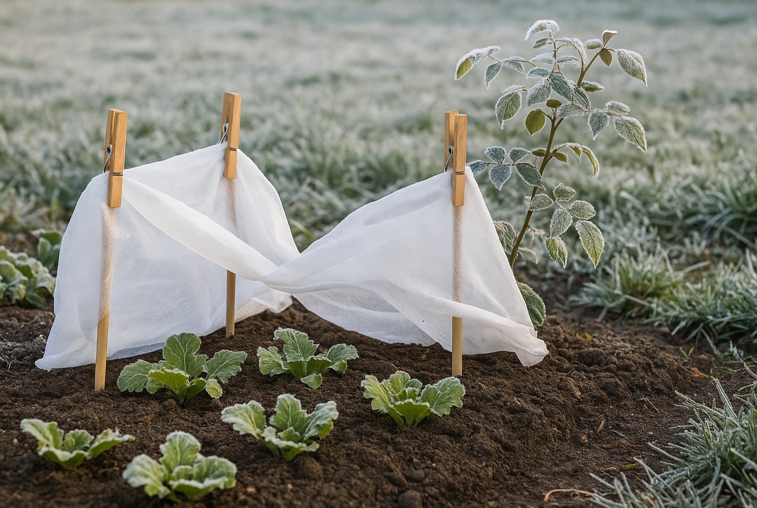 Jeunes plants potagers protégés du gel par un voile d’hivernage maintenu avec des pinces à linge en bois, dans un jardin givré en plein hiver.