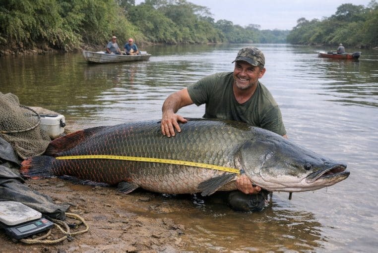 Pêcheur souriant à Cardoso (São Paulo) avec un pirarucu géant sur la rive, ruban de mesure visible et barques au fond.
