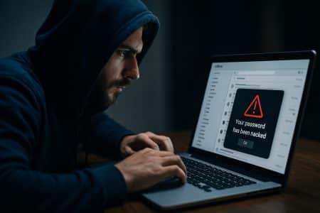 Homme en sweat à capuche penché sur un ordinateur portable affichant une alerte de piratage de boîte mail en surimpression.
