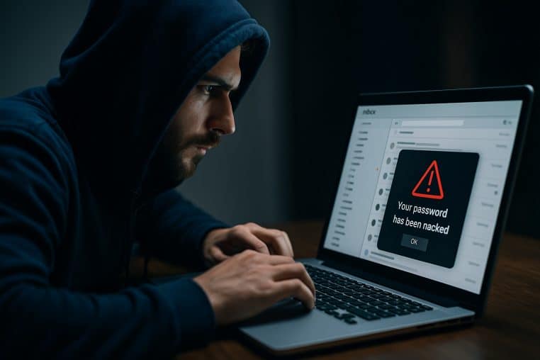 Homme en sweat à capuche penché sur un ordinateur portable affichant une alerte de piratage de boîte mail en surimpression.