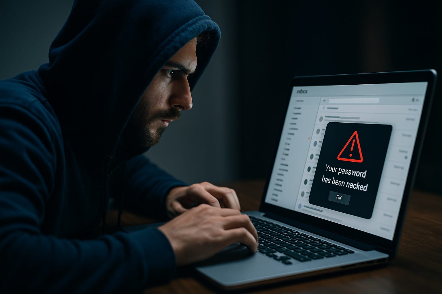 Homme en sweat à capuche penché sur un ordinateur portable affichant une alerte de piratage de boîte mail en surimpression.