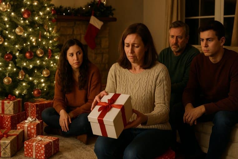 Mère devant un sapin de Noël décoré, tenant un cadeau ouvert avec une expression gênée, observée par sa famille