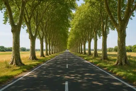 Route de campagne française bordée de grands platanes formant un tunnel d’ombre sous un ciel bleu d’été.