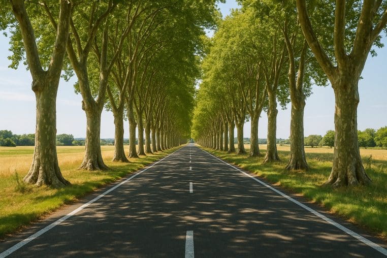 Route de campagne française bordée de grands platanes formant un tunnel d’ombre sous un ciel bleu d’été.