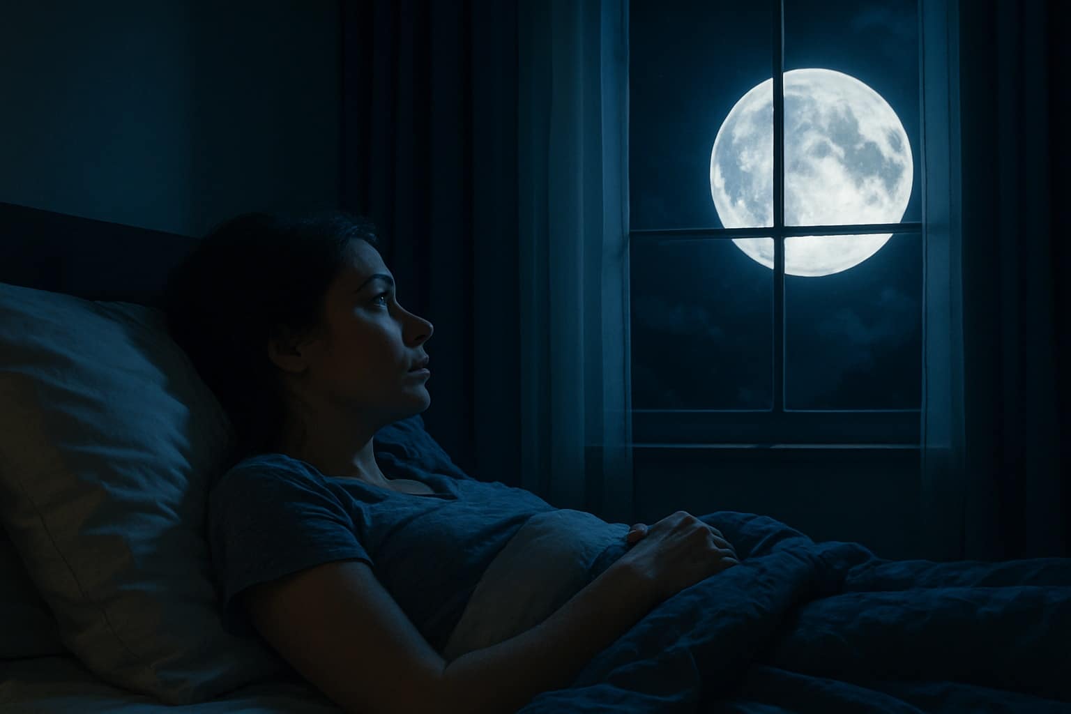 Femme allongée dans un lit, éveillée dans une chambre sombre, une pleine Lune très brillante visible à la fenêtre.