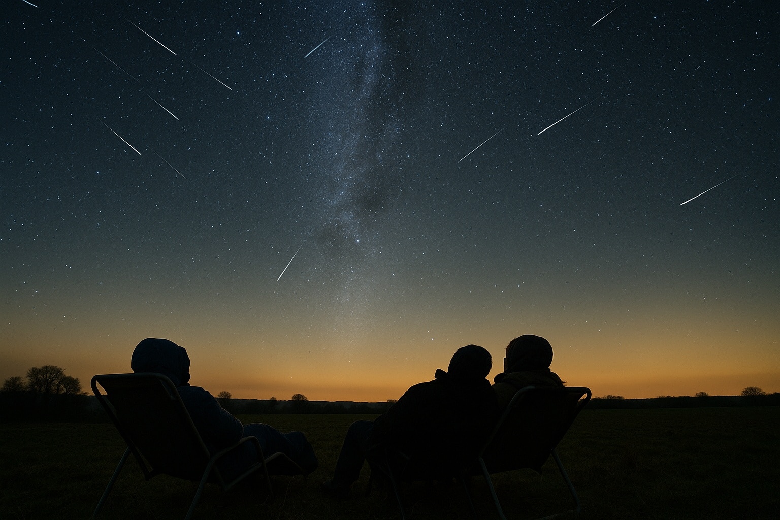 Trois personnes emmitouflées allongées sur des chaises longues observent la pluie d’étoiles des Géminides dans un ciel nocturne très étoilé.