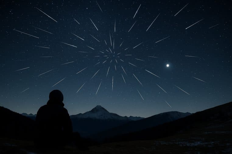 Silhouette d’un observateur assis sous une pluie d’étoiles des Géminides au-dessus de montagnes, Jupiter brillante à droite.