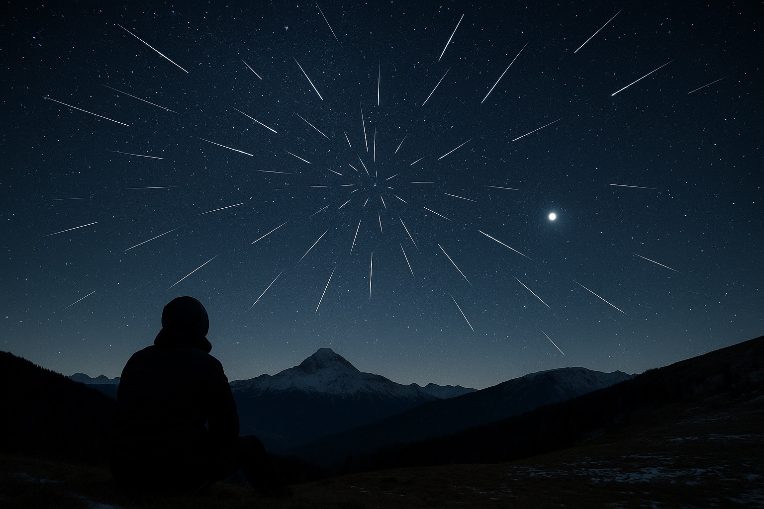 Silhouette d’un observateur assis sous une pluie d’étoiles des Géminides au-dessus de montagnes, Jupiter brillante à droite.