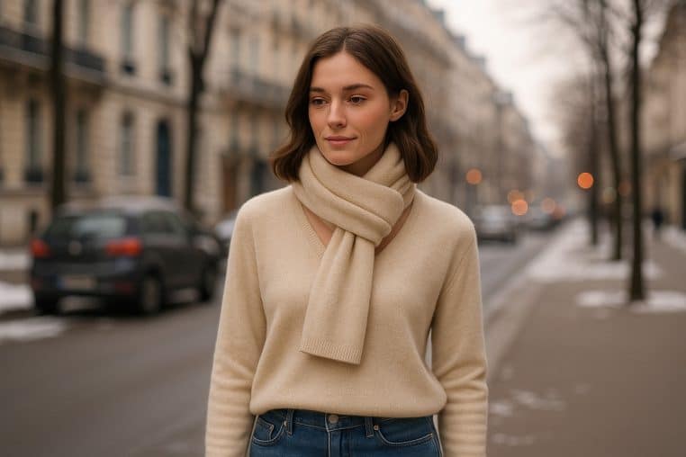 Jeune femme dans une rue hivernale, portant un pull en cachemire beige col V et une écharpe assortie, ambiance urbaine.