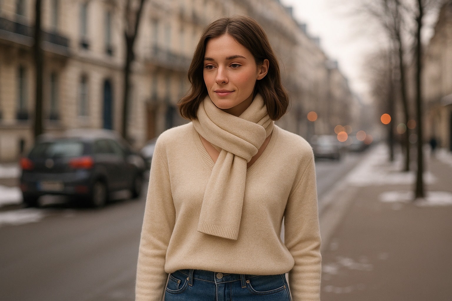 Jeune femme dans une rue hivernale, portant un pull en cachemire beige col V et une écharpe assortie, ambiance urbaine.