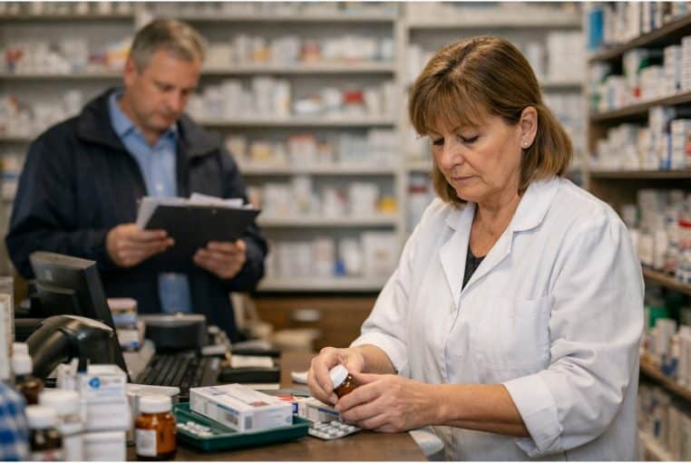 Préparatrice en pharmacie au comptoir, manipulant des boîtes, tandis qu’un inspecteur contrôle des documents derrière.