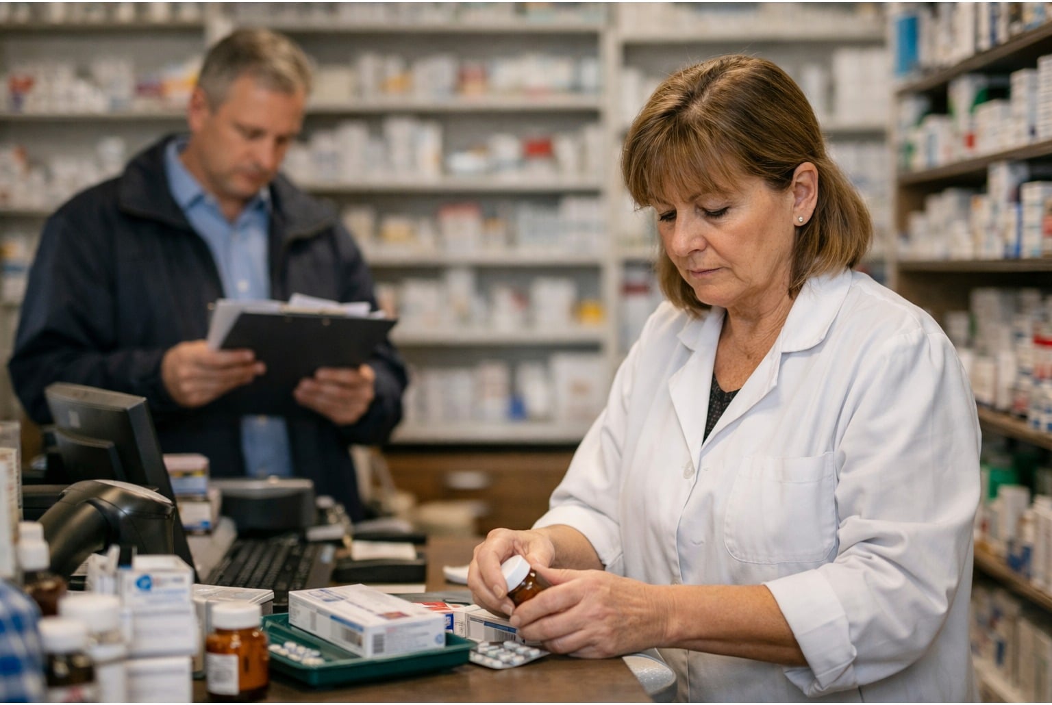 Préparatrice en pharmacie au comptoir, manipulant des boîtes, tandis qu’un inspecteur contrôle des documents derrière.