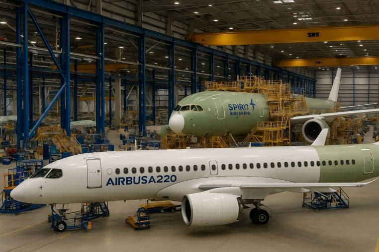Intérieur d’une usine Airbus avec un A220 et un long-courrier en assemblage, entourés d’échafaudages, d’ouvriers et de ponts roulants jaunes.