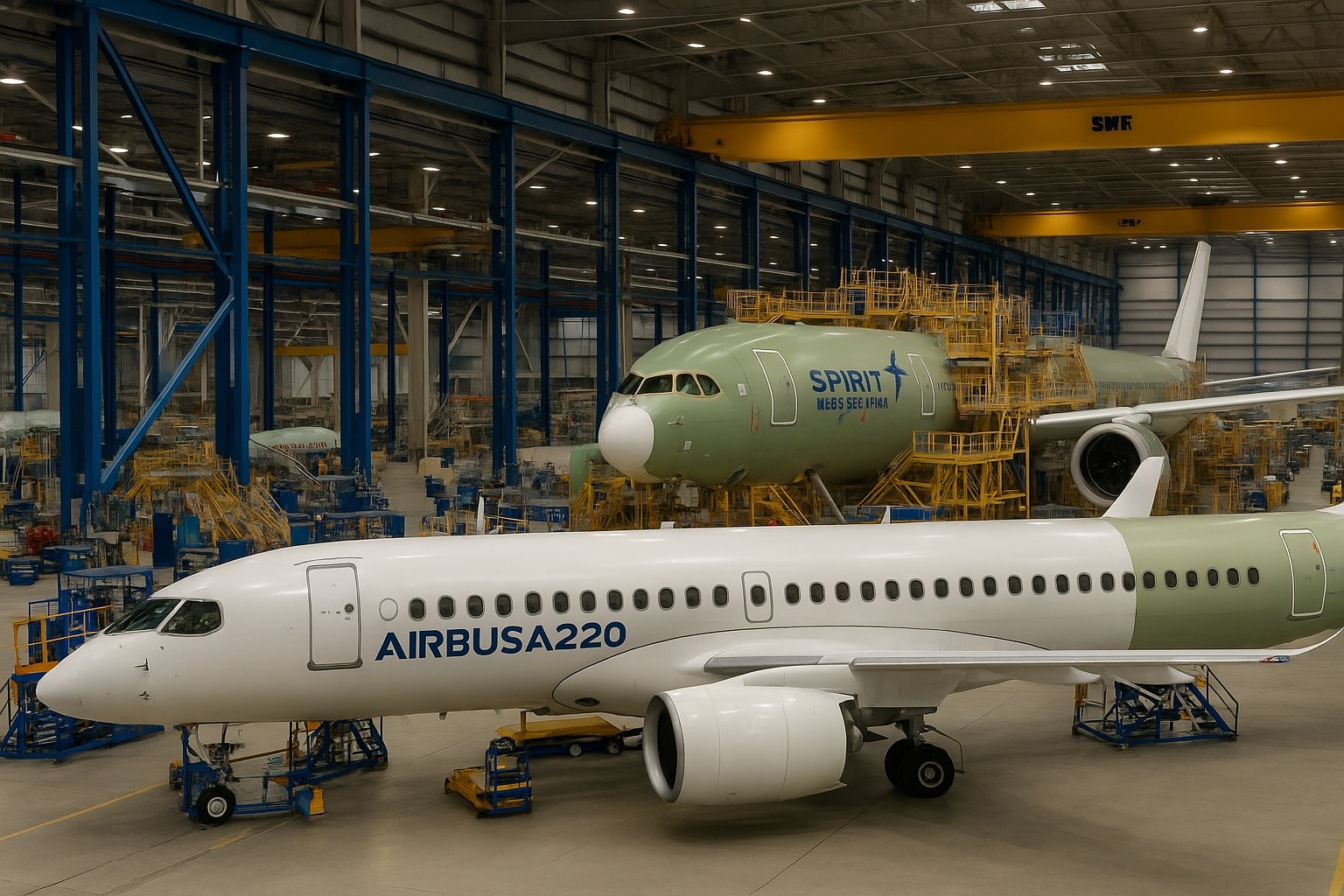 Intérieur d’une usine Airbus avec un A220 et un long-courrier en assemblage, entourés d’échafaudages, d’ouvriers et de ponts roulants jaunes.
