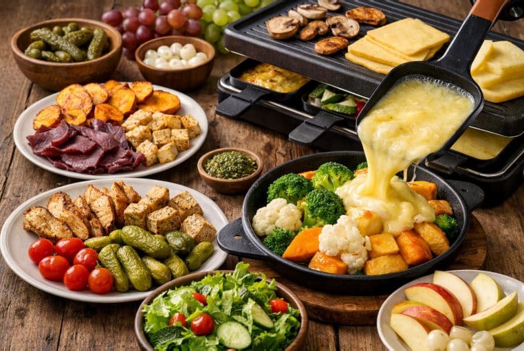 Raclette plus légère avec fromage fondu, légumes rôtis, tofu, salade et fruits sur table en bois.