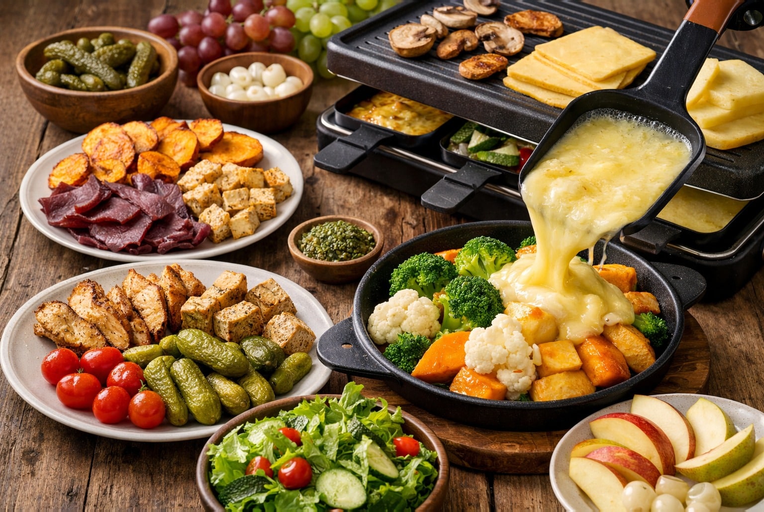 Raclette plus légère avec fromage fondu, légumes rôtis, tofu, salade et fruits sur table en bois.