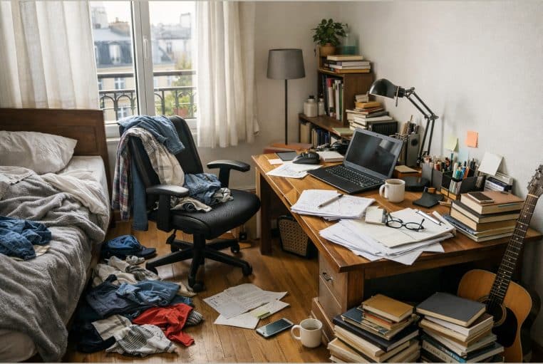 Chambre en désordre avec vêtements au sol et bureau encombré, lumière du jour, ambiance réaliste.