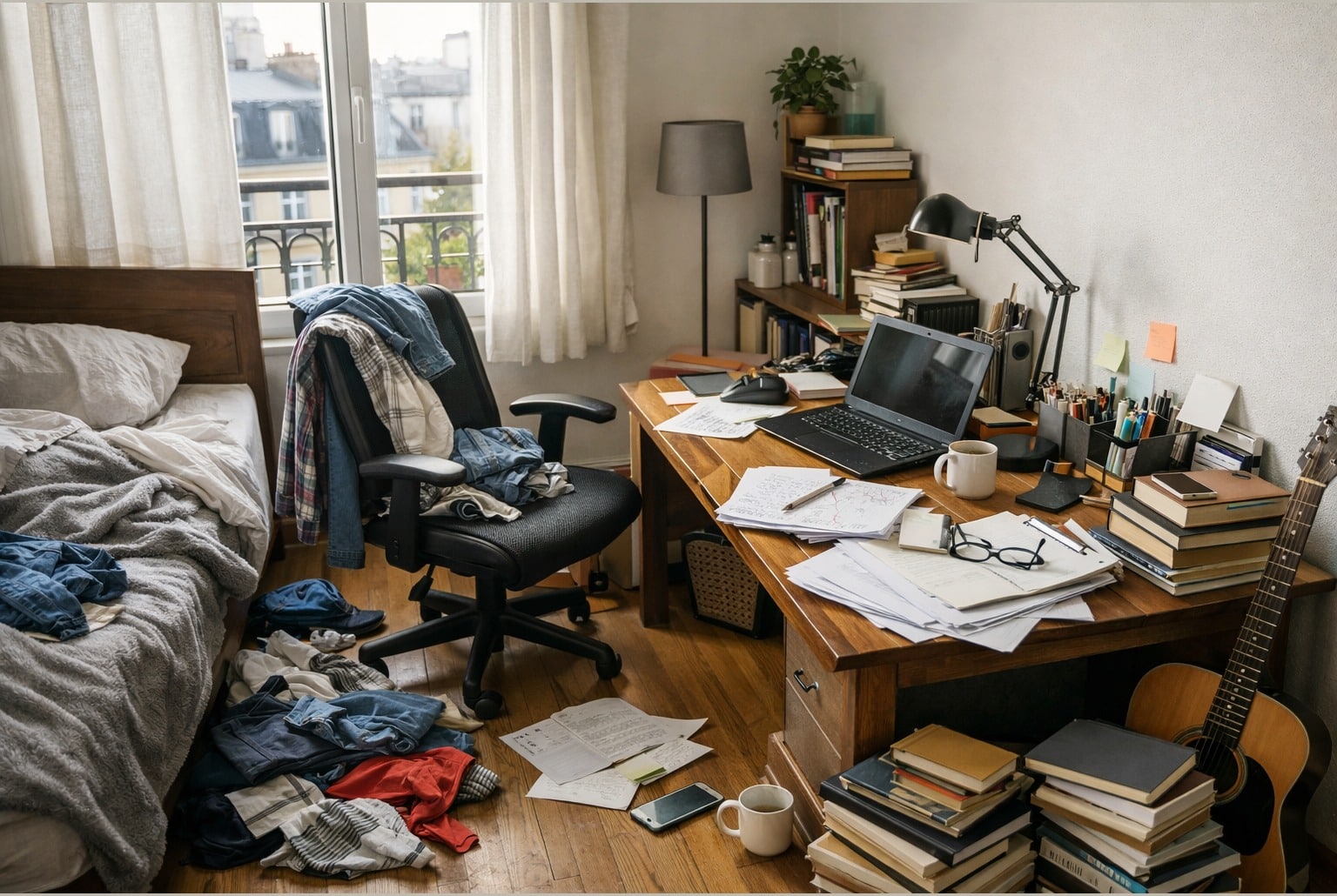 Chambre en désordre avec vêtements au sol et bureau encombré, lumière du jour, ambiance réaliste.