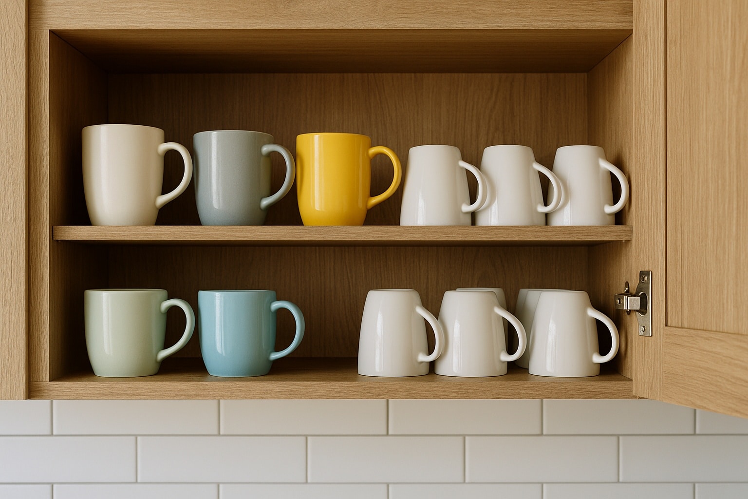 Placard de cuisine en bois clair ouvert, avec des mugs colorés rangés à l’endroit et à l’envers sur deux étagères