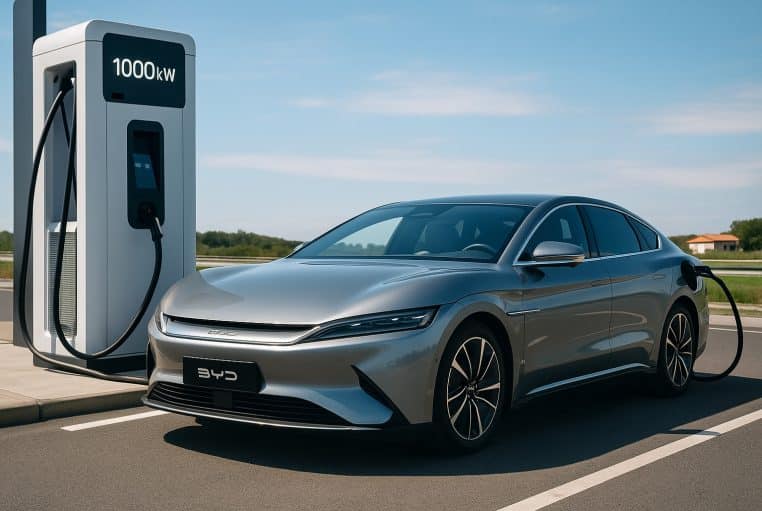 Berline électrique BYD gris métal branchée à une borne 1 000 kW sur une aire d’autoroute ensoleillée, illustrant la recharge ultra-rapide.