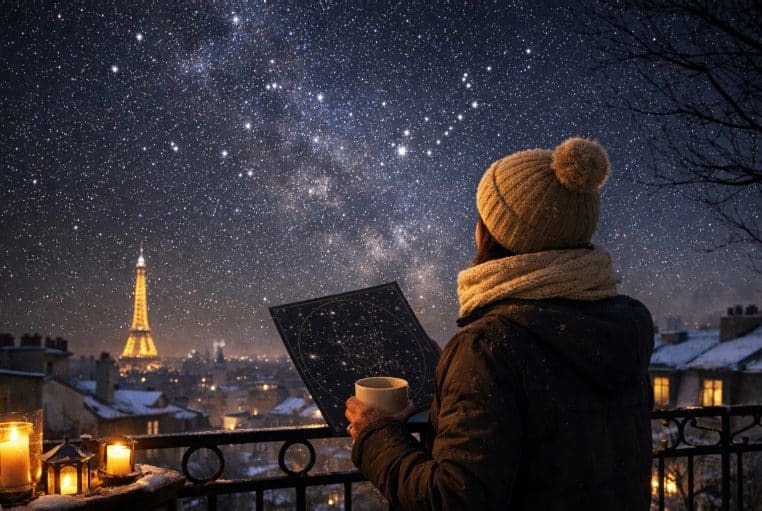 Personne sur un balcon parisien enneigé, tasse chaude en main, observant un ciel étoilé en hiver