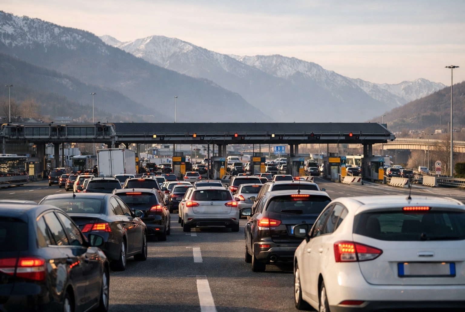 File de voitures immobilisées devant un péage autoroutier en Italie, plusieurs voies, lumière d’hiver.