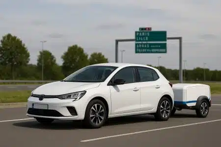 Voiture électrique blanche tractant une petite remorque-batterie sur une aire d’autoroute française par temps clair