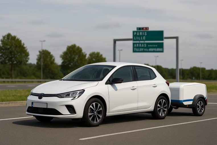 Voiture électrique blanche tractant une petite remorque-batterie sur une aire d’autoroute française par temps clair