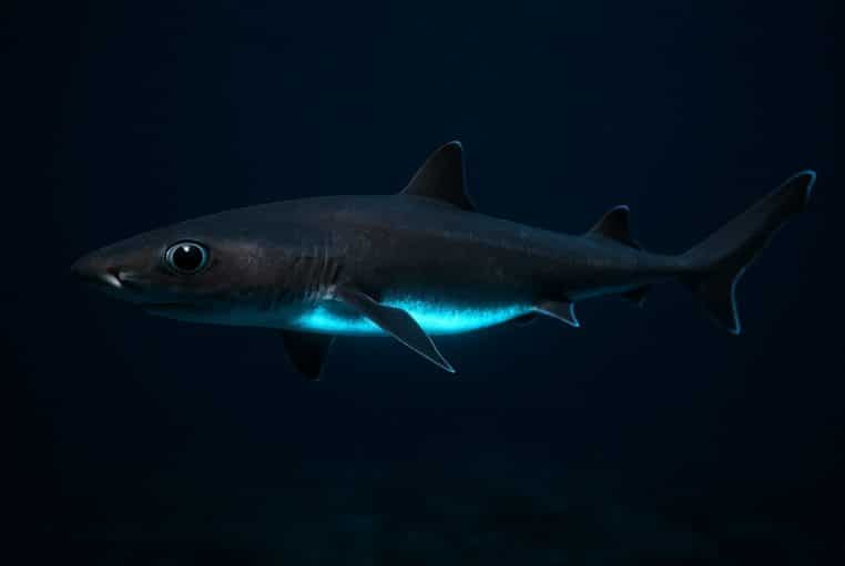 Requin-lanterne bioluminescent nageant dans l’obscurité des fonds marins, ventre bleu lumineux et corps élancé.