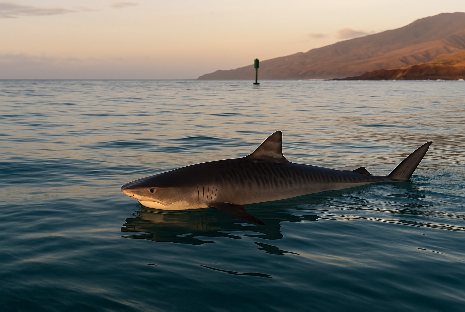 Requin tigre nageant près de la surface à l’aube, bouée verte et côte de La Réunion en arrière-plan.