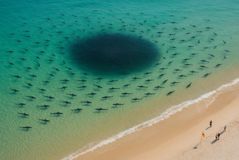 Vue aérienne de Tallow Beach à Byron Bay : ailerons de requins près du rivage autour d’un banc de poissons.