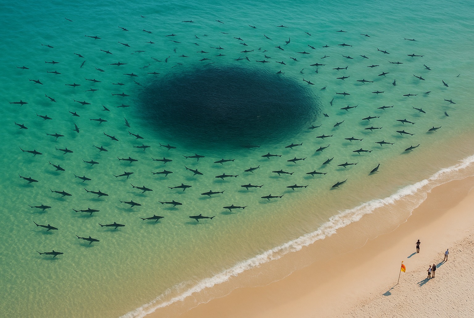 Vue aérienne de Tallow Beach à Byron Bay : ailerons de requins près du rivage autour d’un banc de poissons.